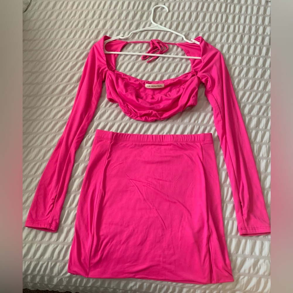 La Seduction Neon Pink Two-Piece Set - Long Sleeve Crop & Skirt